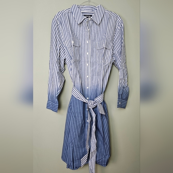 Lands End Womens Cotton Poplin Button-Down Shirt Dress, Cobalt Varsity Stripe 1X - Picture 6 of 10